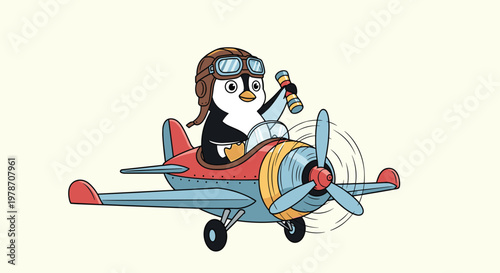 Cute little penguin pilot wearing a leather helmet and goggles flying a small vintage airplane high in a clear blue sky.