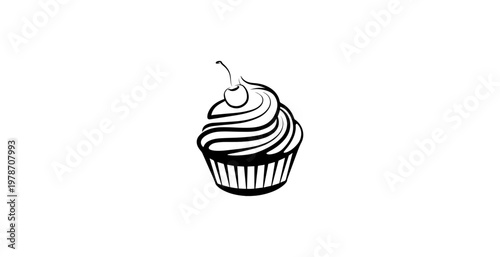 A simple black and white illustration of a delicious cupcake