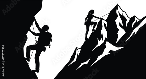 Silhouetted climbers assisting each other on a rugged mountain face