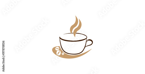 A steaming cup of coffee on a saucer with coffee beans