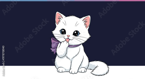 Adorable white kitten sitting and licking its paw while wearing a purple bow against a dark background in a charming cartoon style.