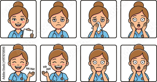 Cartoon healthcare worker shows various expressive face with multiple emotions