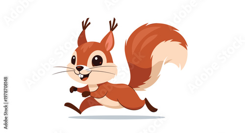 Cute cartoon squirrel jumping joyfully on a white background with a bushy tail and big eyes in a playful vector illustration style.