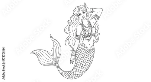 Detailed line art illustration of a beautiful mermaid with flowing hair and jewelry swimming underwater for adult coloring book pages.