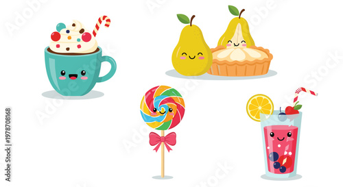 Set of cute kawaii food and drink characters including a cupcake, pear, pie, lollipop, and a berry smoothie with smiling faces.
