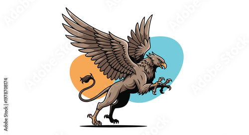 Mythological griffin with eagle head and wings and lion body shown in a powerful flying pose against a colorful background shape.