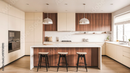 Modern kitchen interior with wooden cabinets and island bar