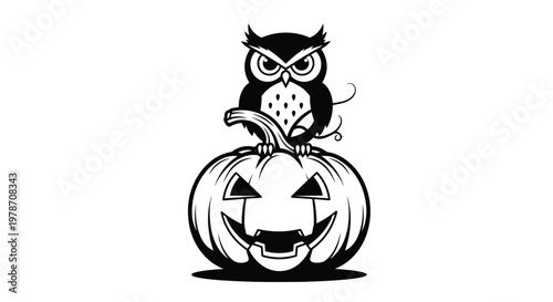 Striking black and white illustration of an owl perched on top of a carved Halloween jack-o-lantern with an intense look.