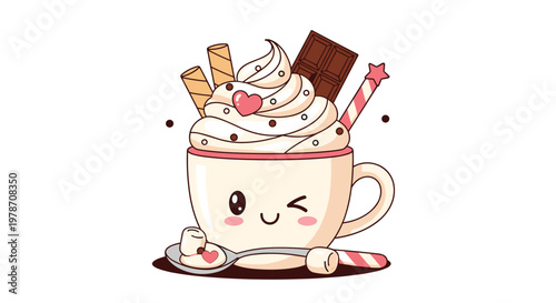 Delicious cup of hot cocoa topped with whipped cream, chocolate bar, and sprinkles with a cute winking face on the mug.