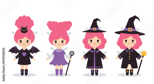 Set of four cute witch characters with pink hair wearing different magical costumes and holding wands or bat wings.