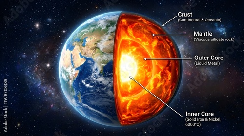 Earth cross section showing inner core outer core mantle and crust illustrating planet structure geology science education and global composition concept
