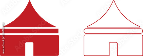 Event tent canopy pavilion icon set collection group in black red flat and line style vector illustration, camping shelter marquee gazebo awning symbol pack minimal outline design bundle