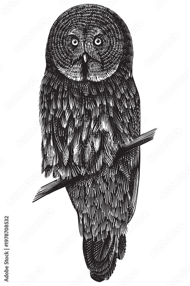 Fototapeta premium Realistic great grey owl bird illustration drawing in traditional hand drawn style. Woodcut or engraving ink style, scratchboard looking line art.