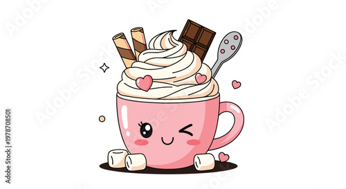 Cute pink coffee cup character with a winking face topped with whipped cream and chocolate wafers isolated on a clean white background.