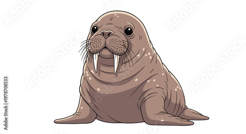 Detailed cartoon illustration of a large brown walrus with tusks sitting and looking forward isolated on a clean white background.