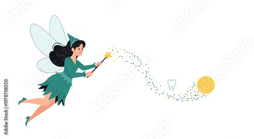 Tooth fairy flying and casting magic spells over a baby tooth and a gold coin isolated on a clean white background for children stories.