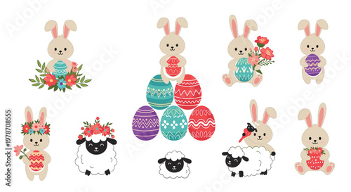 Cute easter collection featuring bunnies with eggs and sheep with flowers in a flat cartoon style for spring holiday celebration design.