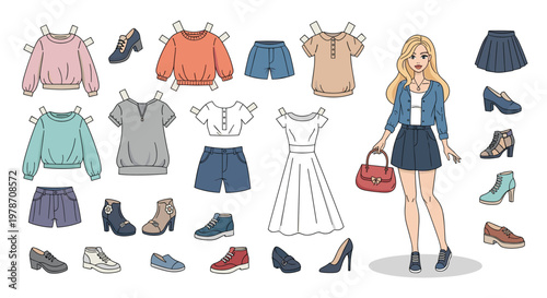 Fashion paper doll kit with a blonde girl character and various outfits and accessories to mix and match for creative play activities.