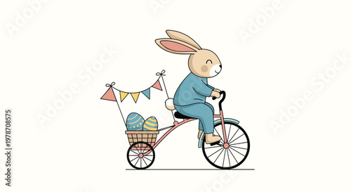 Cute cartoon bunny riding a tricycle with a basket of decorated easter eggs and festive flags isolated on a clean white background.