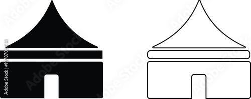 Event tent canopy pavilion icon set collection group in black red flat and line style vector illustration, camping shelter marquee gazebo awning symbol pack minimal outline design bundle