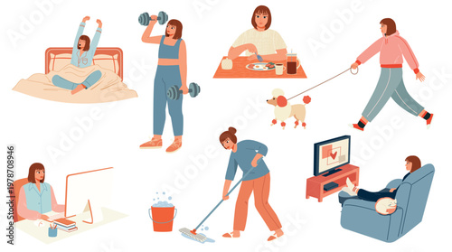 Young woman daily routine life scenes set, girl waking up, eating breakfast, working, exercising and relaxing, female character lifestyle