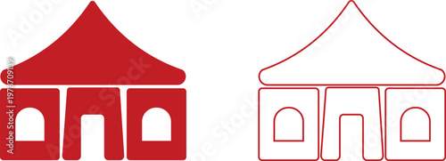 Event tent canopy pavilion icon set collection group in black red flat and line style vector illustration, camping shelter marquee gazebo awning symbol pack minimal outline design bundle