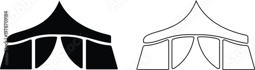 Event tent canopy pavilion icon set collection group in black red flat and line style vector illustration, camping shelter marquee gazebo awning symbol pack minimal outline design bundle