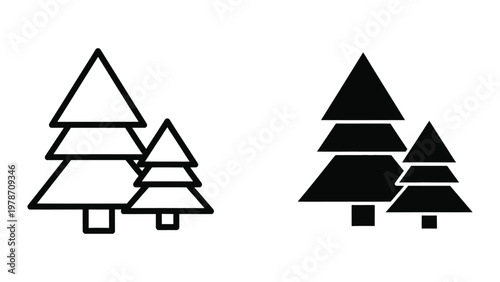 A black and white image of two sets of trees