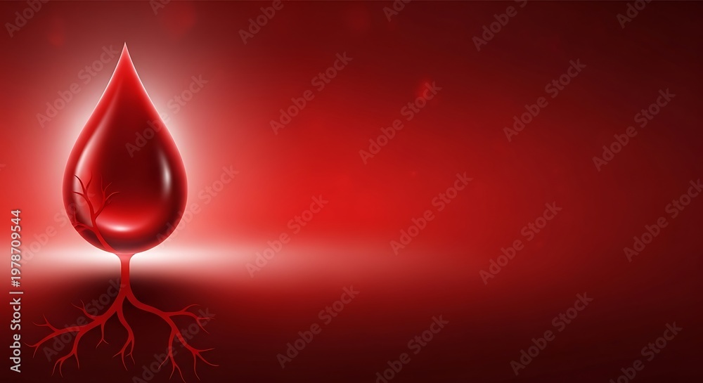 Fototapeta premium Red blood drop with vein roots concept on dark abstract background