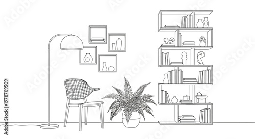 A minimalist interior scene depicting a floor lamp chair plant and modular shelving unit