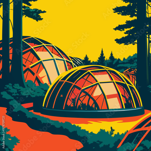 A glass-domed city in the middle of a redwood forest, architectural sketches style, amber and teal color grade. 1
