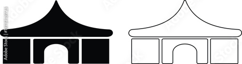 Event tent canopy pavilion icon set collection group in black red flat and line style vector illustration, camping shelter marquee gazebo awning symbol pack minimal outline design bundle