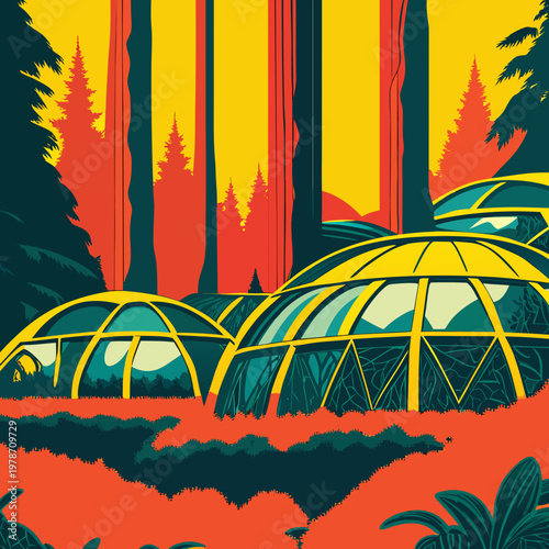 A glass-domed city in the middle of a redwood forest, architectural sketches style, amber and teal color grade.