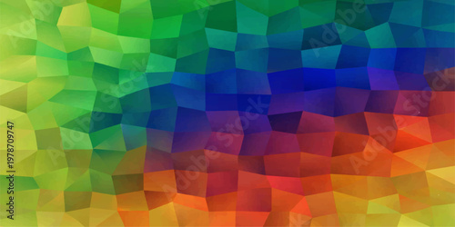 A mesmerizing geometric abstract featuring vibrant rainbow hues, forming an captivating square pixel mosaic pattern with an optical illusion.