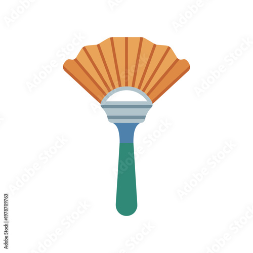 Fan brush vector illustration, featuring a distinctive orange fan shape and a blue-green handle, professional art supply for artists and makeup application.