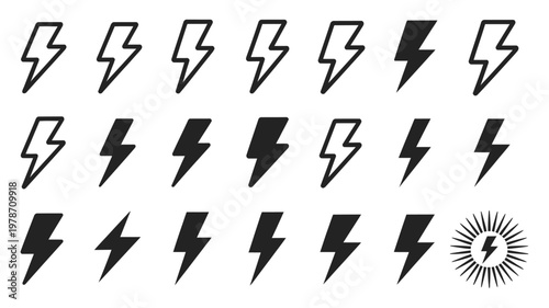 Progression icons featuring lightning bolts, vector illustration showing sequential power, energy, or speed levels for technology, analytics dashboards, and user interface design.