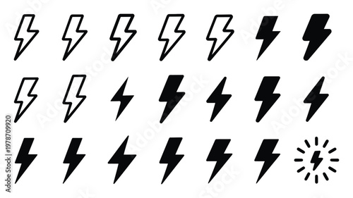 Lightning bolt progression icons, vector illustration set showing energy, speed, and power levels in sequential or ascending design for user interfaces, performance indicators, and technology graphics