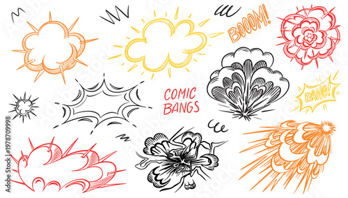 Hand drawn collection of a comic bangs, bursts and explosions in 50s 60s style. Traditional inking illustration.