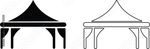 Event tent canopy pavilion icon set collection group in black red flat and line style vector illustration, camping shelter marquee gazebo awning symbol pack minimal outline design bundle