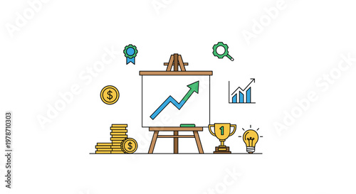 Wooden easel holds a rising growth chart surrounded by golden coins and a trophy on a pristine white background with vibrant colorful business iconography.