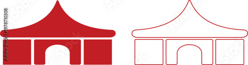 Event tent canopy pavilion icon set collection group in black red flat and line style vector illustration, camping shelter marquee gazebo awning symbol pack minimal outline design bundle