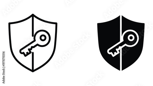 Shield and key security symbols in black and white