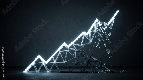 Neon growth chart broken glass financial crisis misleading data market crash rising line economic risk abstract business dark background sharp arrow glowing line shattered glass stock market