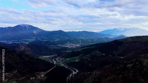 Drone aerial mountain valley and town