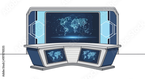 Futuristic News Studio Desk with World Map Displays and Screens