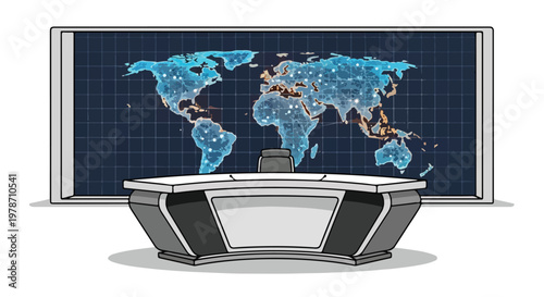 Futuristic News Broadcast Desk with Global Data Map Display