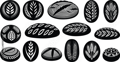 WebBread sourdough scoring patterns, artisan bakery loaf icons, wheat ear illustrations, grain silhouettes, homemade baking collection, organic flour products, rustic food symbols,