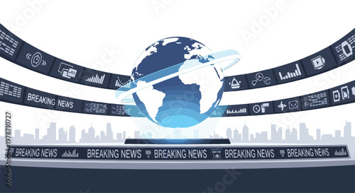 Global Breaking News Broadcast with Digital Screens and Cityscape Background