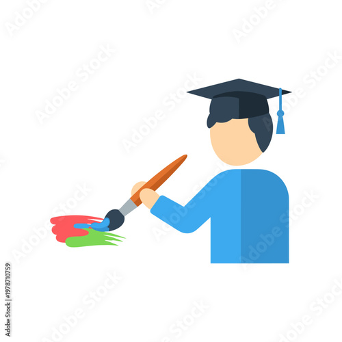Student artist in graduation cap painting with brush and colorful paints isolated on white background learning and creativity vector.