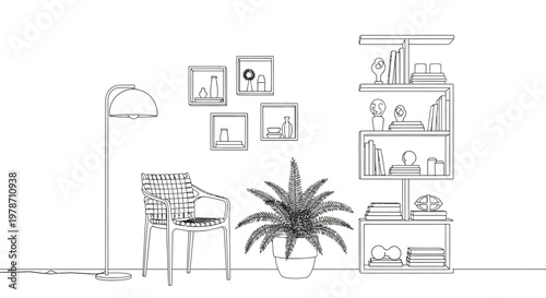 A minimalist interior scene featuring a floor lamp chair plant and a wall mounted shelving unit